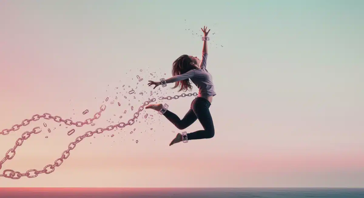 A person breaking free from symbolic chains, signifying overcoming limiting beliefs.