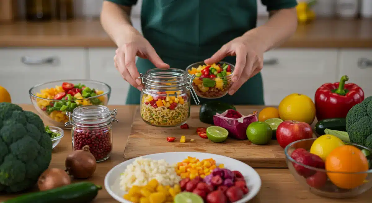 Person preparing a healthy meal with fermented foods for gut health.