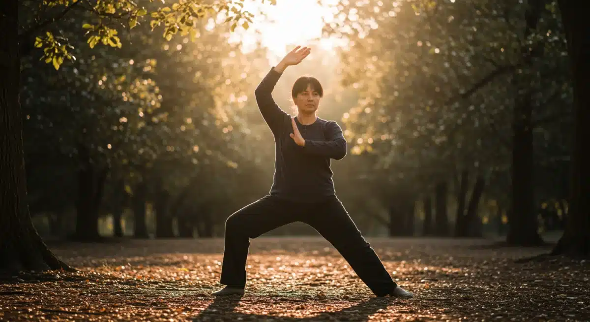 Person practicing Qigong movements in a serene natural environment