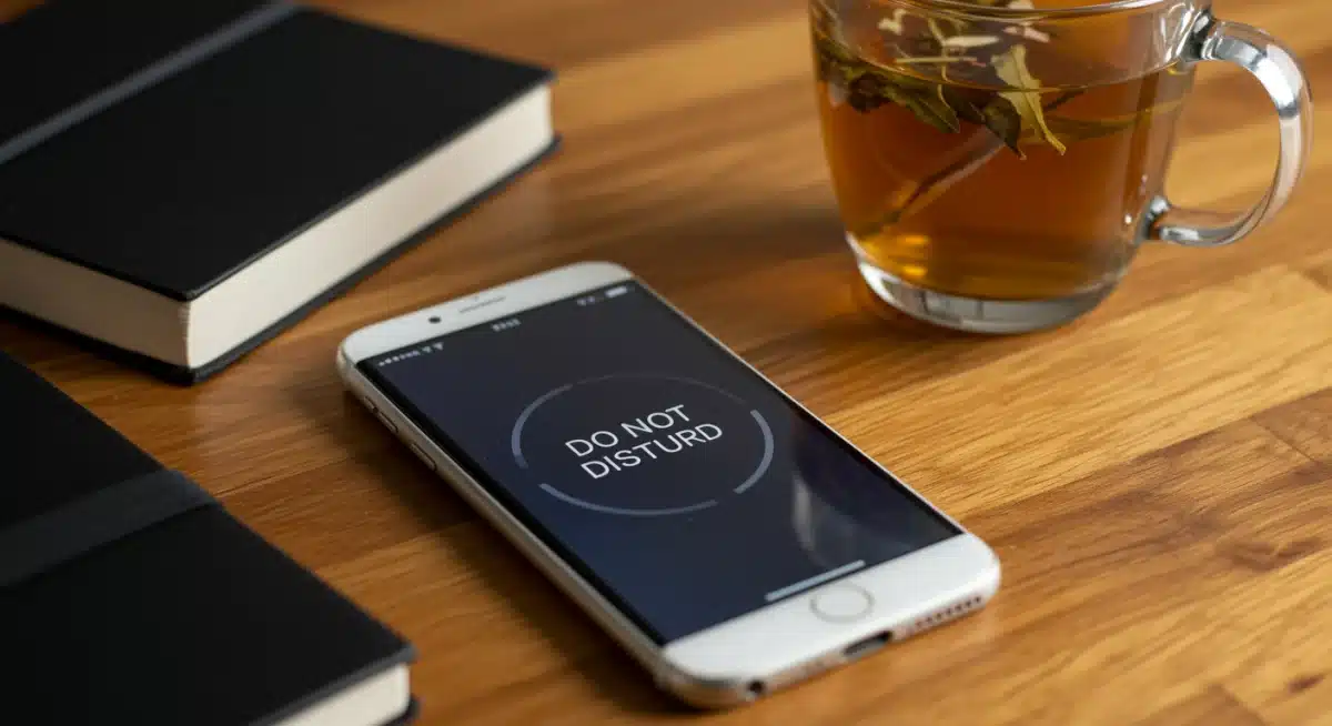 Smartphone with 'do not disturb' notification, next to tea and journal.