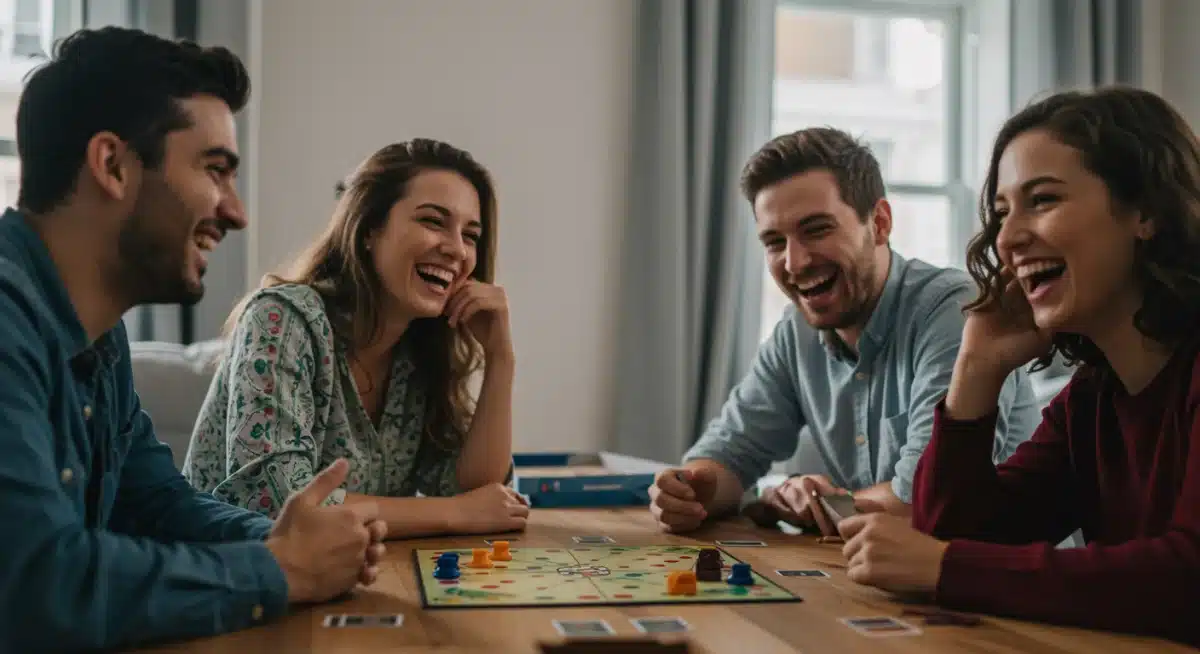 Friends playing board game, enjoying real-world interaction.