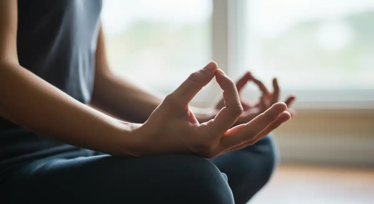 Hands clasped in meditation pose, symbolizing mindfulness and inner peace.