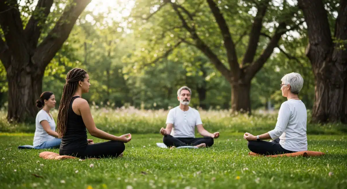 Group meditation in nature, neuro-wellness, stress reduction techniques