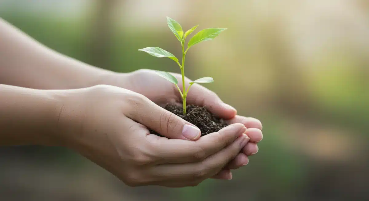 Hands nurturing a small plant, symbolizing growth and gratitude