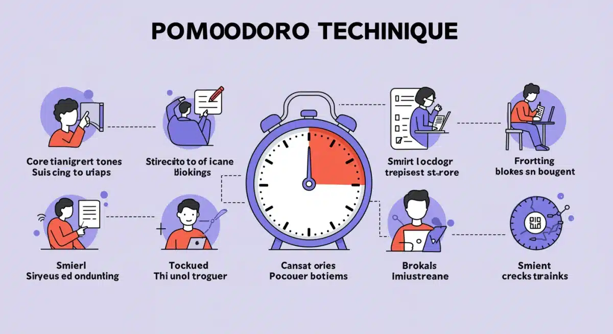Illustration of the Pomodoro Technique for focused work and breaks