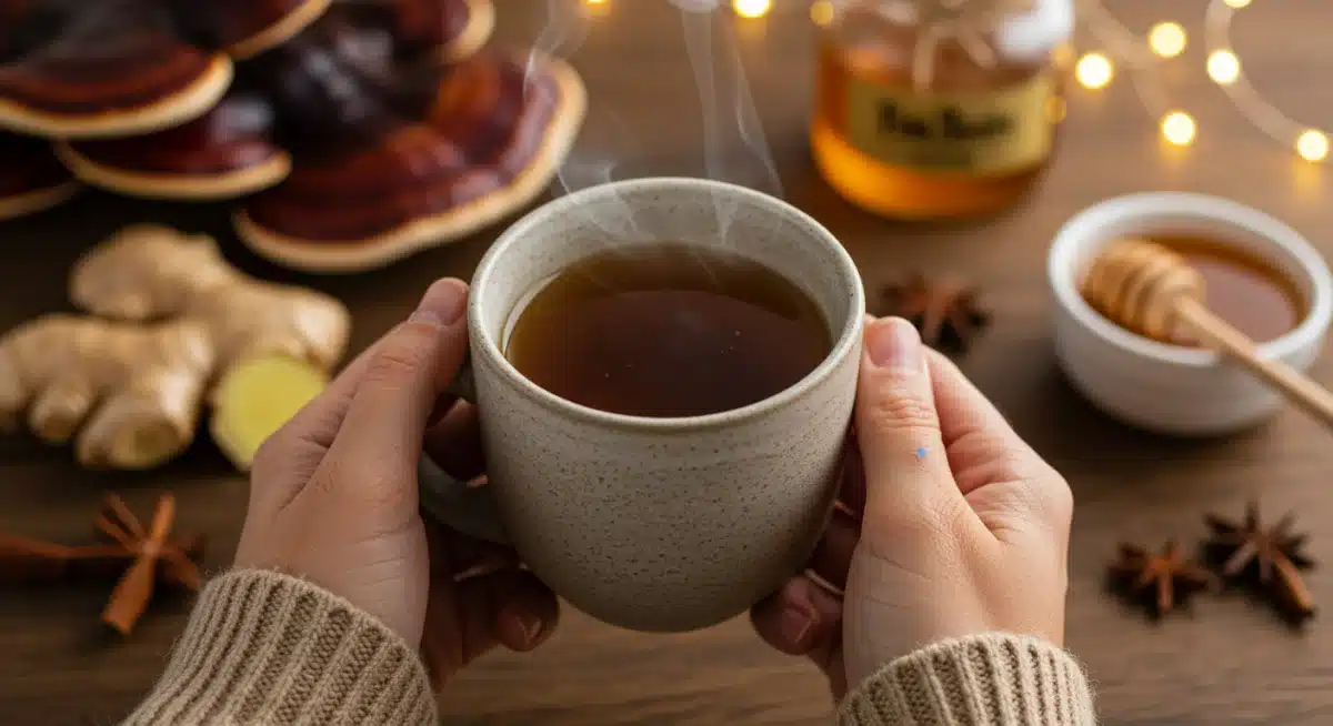 Comforting Reishi mushroom tea, promoting relaxation and natural health.