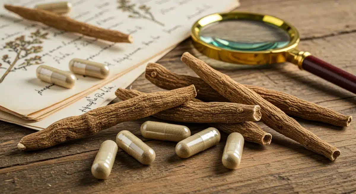 Rhodiola Rosea roots and capsules, symbolizing scientific research into adaptogenic benefits.