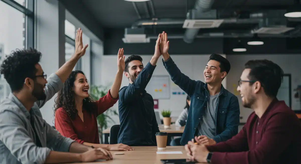 Diverse group of people interacting positively in an office, symbolizing strong social connections and support.