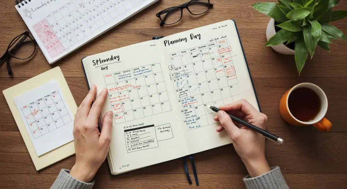 Person planning their day with a journal, emphasizing structured approach to goals